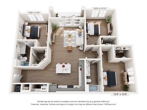 Floor plan for 3 beds, 2 baths, 1454 sqft
